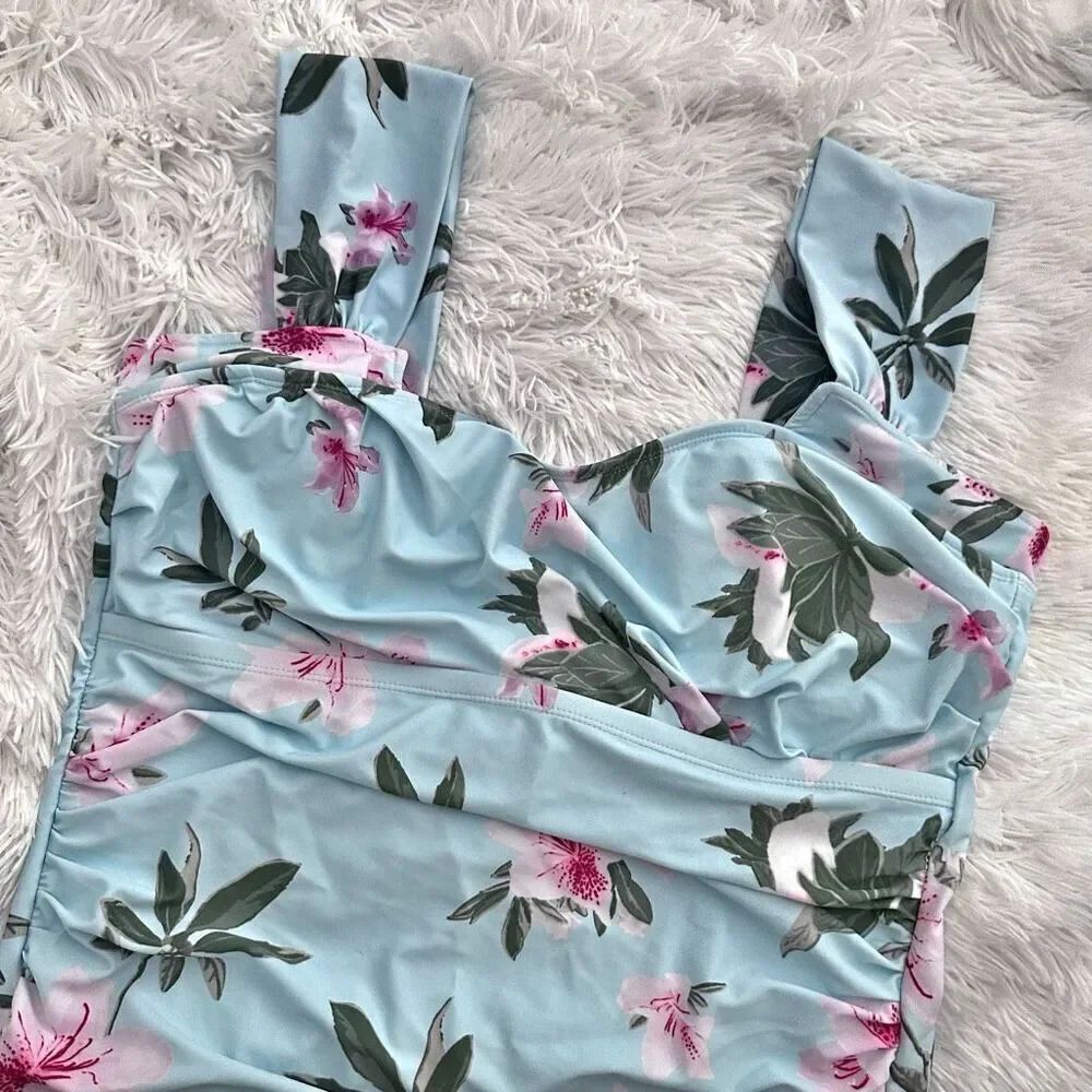 MARINA WEST | Blue Pink White Floral One Piece Swimsuit Ruched Waist Lilly | XXL
